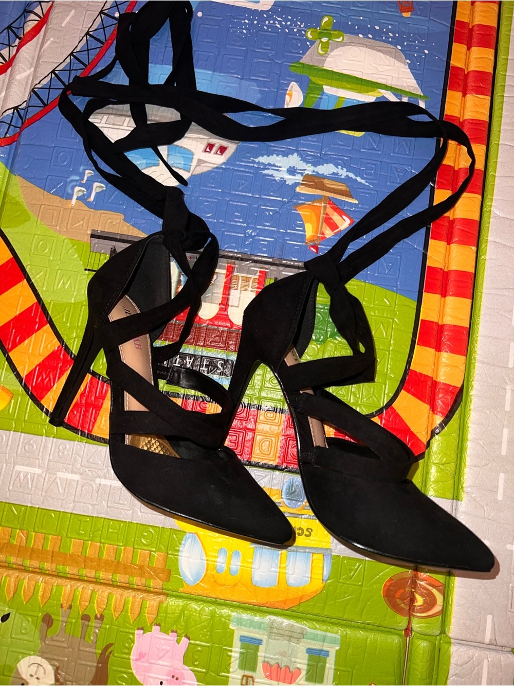 JustFab Black Strappy Pointed-Toe Lace-Up Heels